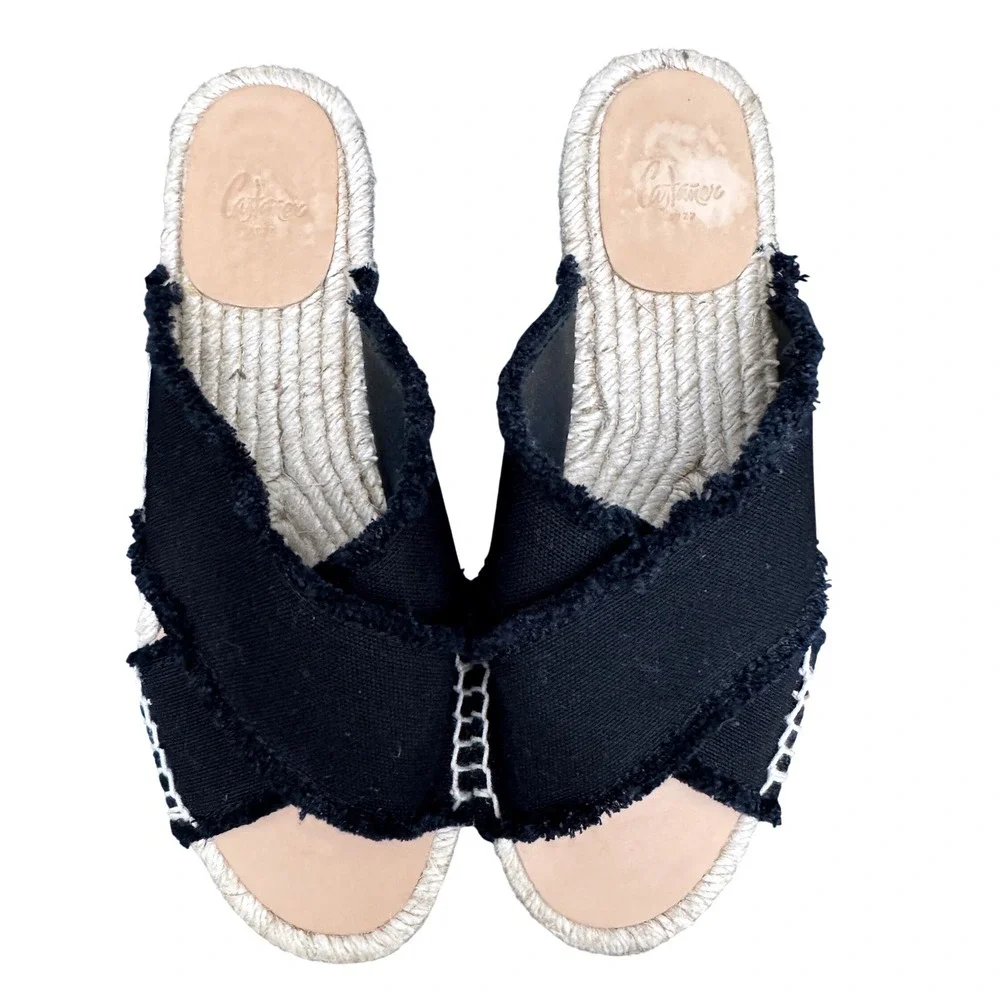 Castaner Palmera Espadrille Slide Frayed Canvas Crossover Black Size 7 Sandals
